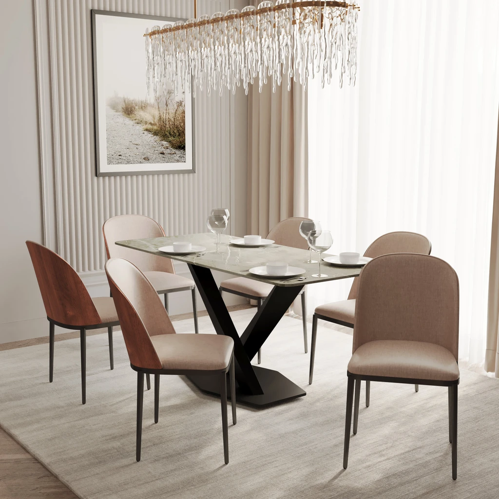 LeisureMod Voren 7-Piece Dining Set with 55" Rectangular Dining Table - Leather