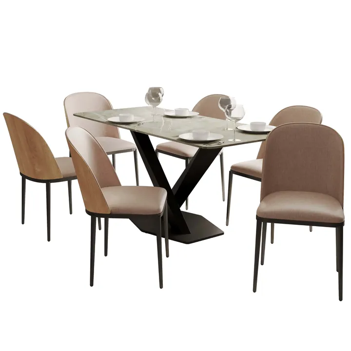 LeisureMod Voren 7-Piece Dining Set with 55" Rectangular Dining Table - Velvet