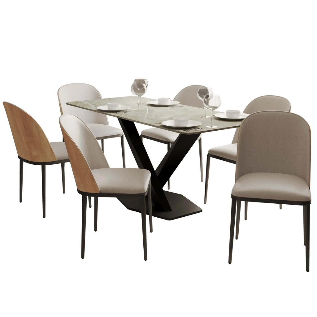 LeisureMod Voren 7-Piece Dining Set with 55" Rectangular Dining Table - Velvet