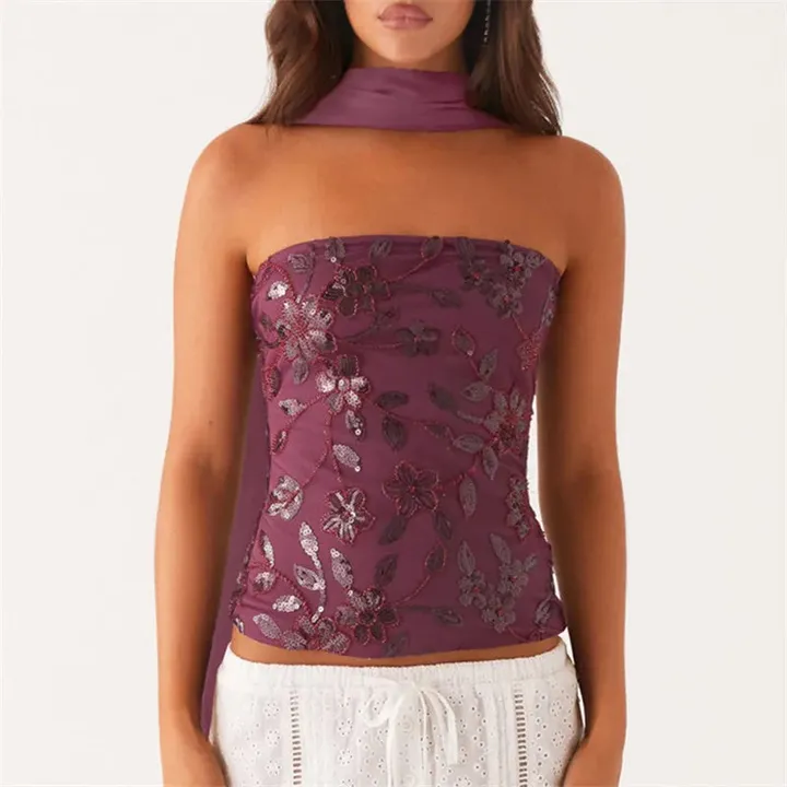Rev Women Y2k Sequin Tube Top With Scarf