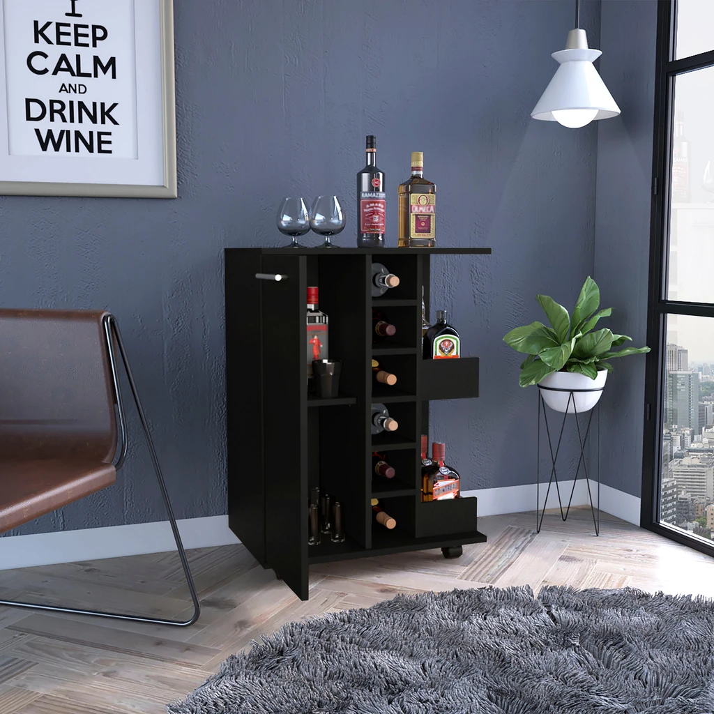 DEPOT E SHOP LLC Magda Bar Cart, Four Casters, Six Built-in Wine Rack