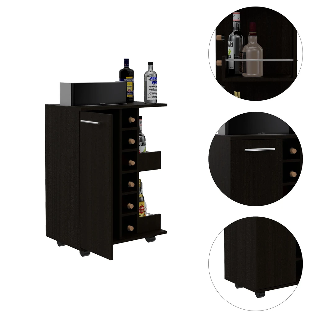 DEPOT E SHOP LLC Magda Bar Cart, Four Casters, Six Built-in Wine Rack