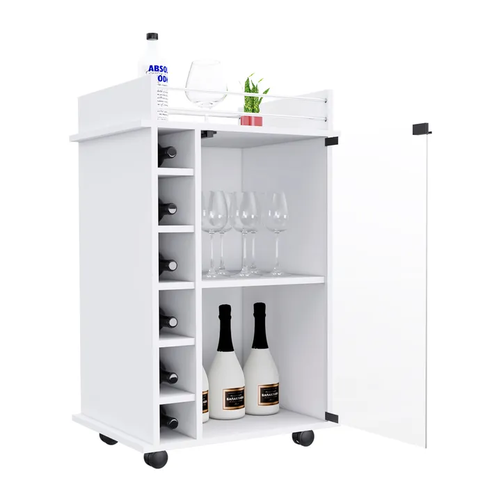 DEPOT E SHOP LLC Huali Bar Cart, Six Built-in Wine Rack, Glass Door, Four Casters