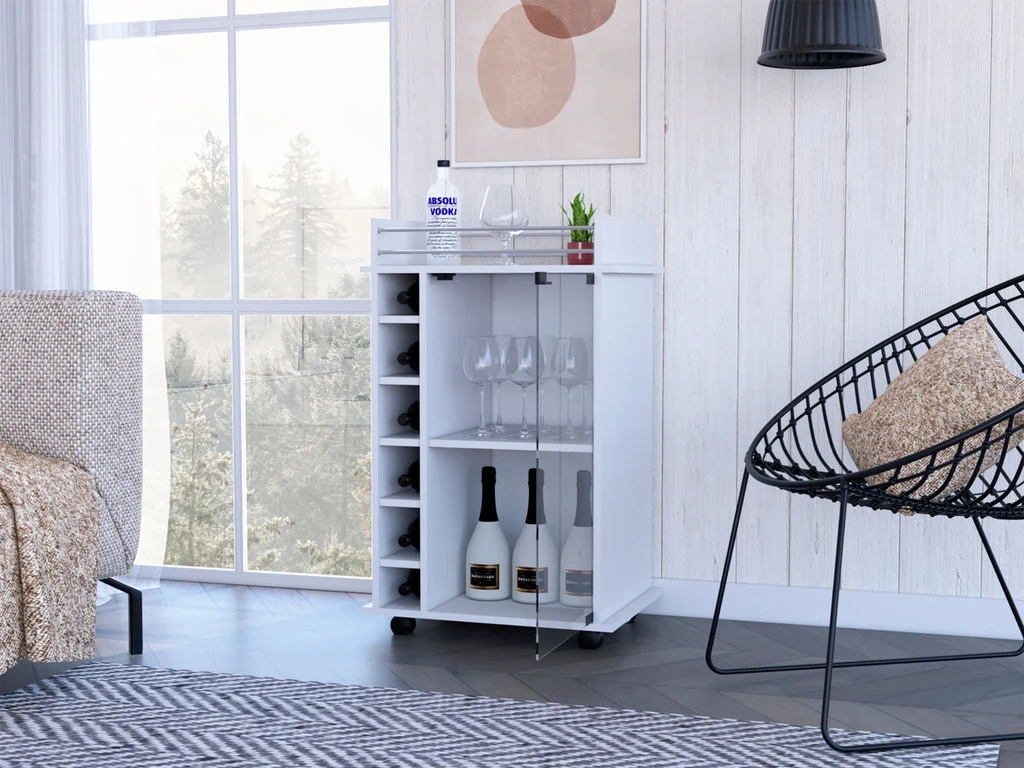 DEPOT E SHOP LLC Huali Bar Cart, Six Built-in Wine Rack, Glass Door, Four Casters