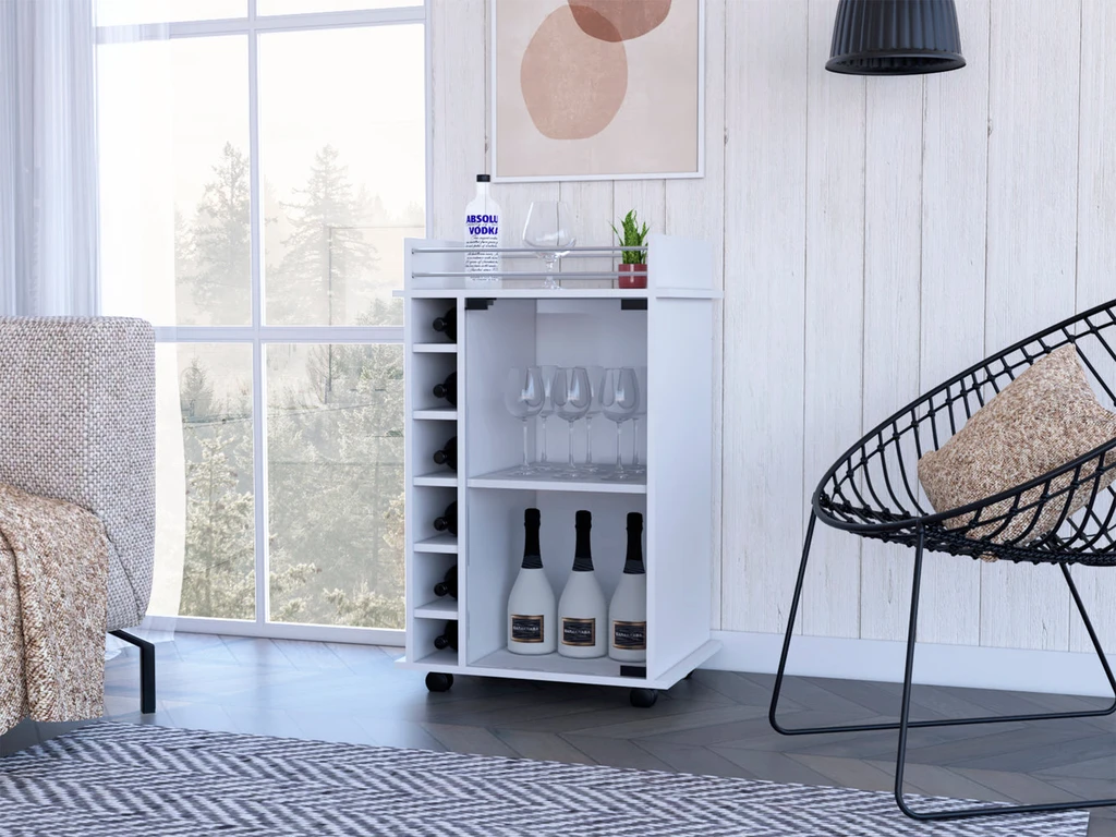 DEPOT E SHOP LLC Huali Bar Cart, Six Built-in Wine Rack, Glass Door, Four Casters