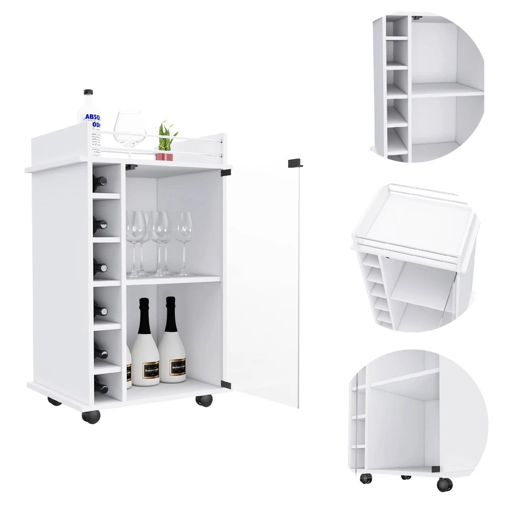 DEPOT E SHOP LLC Huali Bar Cart, Six Built-in Wine Rack, Glass Door, Four Casters