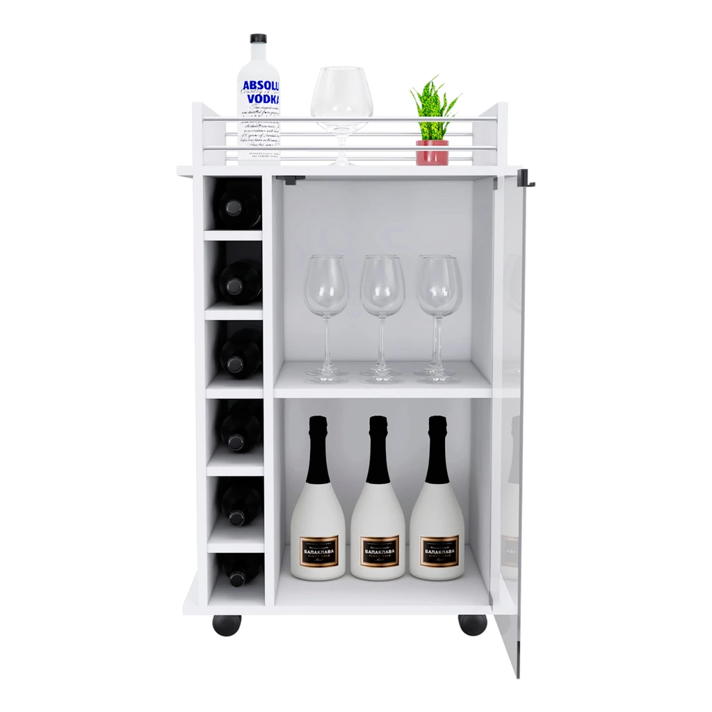 DEPOT E SHOP LLC Huali Bar Cart, Six Built-in Wine Rack, Glass Door, Four Casters