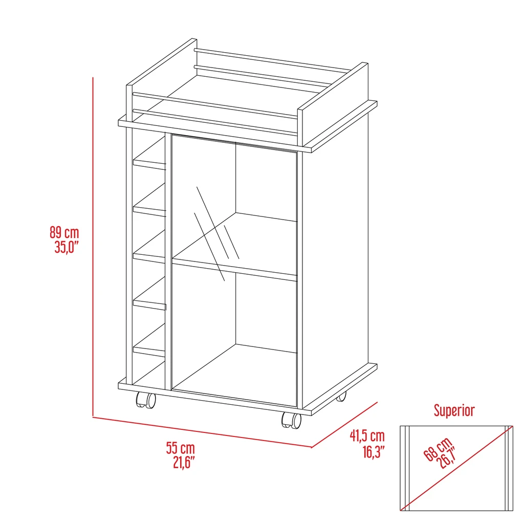DEPOT E SHOP LLC Huali Bar Cart, Six Built-in Wine Rack, Glass Door, Four Casters