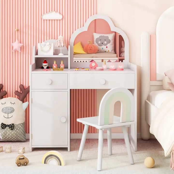 Gbruno Store Kids Vanity Table And Chair With Cloud-Shaped Mirror And Open Shelf
