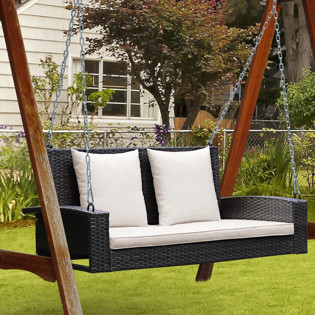 Directdeals 2-Person Patio Rattan Porch Swing With Cushions