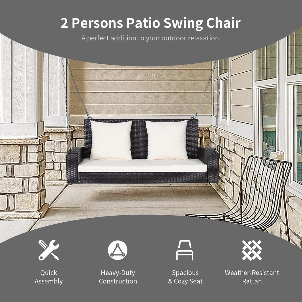Directdeals 2-Person Patio Rattan Porch Swing With Cushions