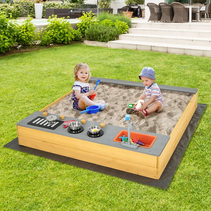 Gbruno Store Wooden Sandbox Kids Sand Pit With Kitchen Playset Accessories