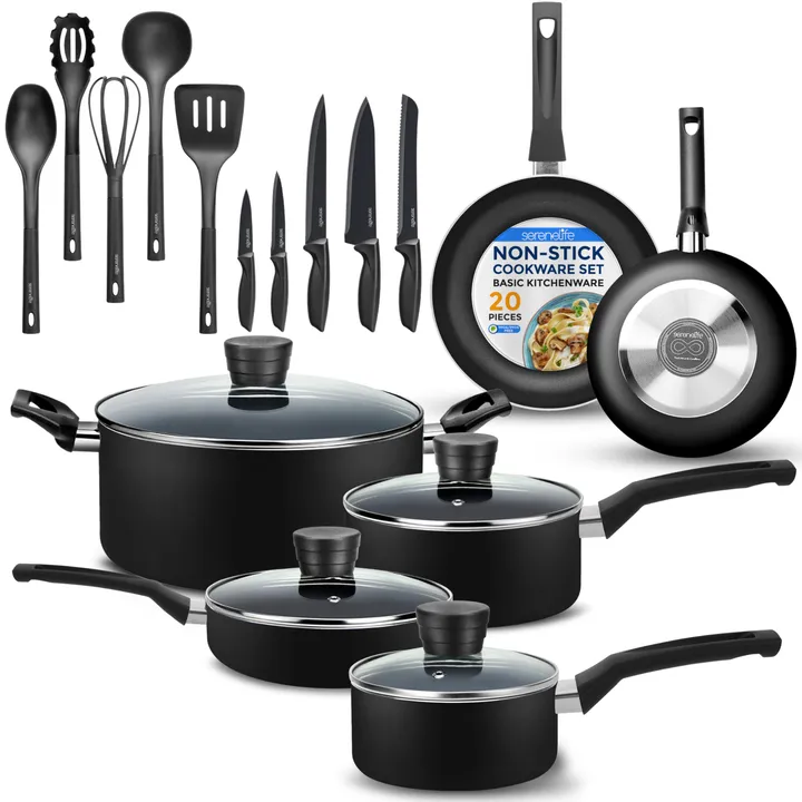 SereneLife Kitchenware Pots & Pans Set – Basic Kitchen Cookware (20-Piece Set)