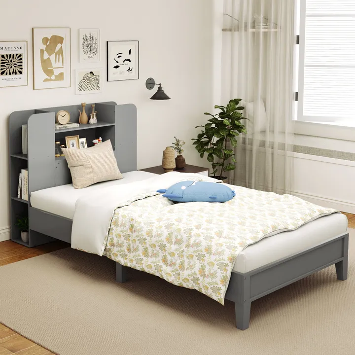 Gbruno Store Wooden Platform Bed Frame With Bookcase Headboard