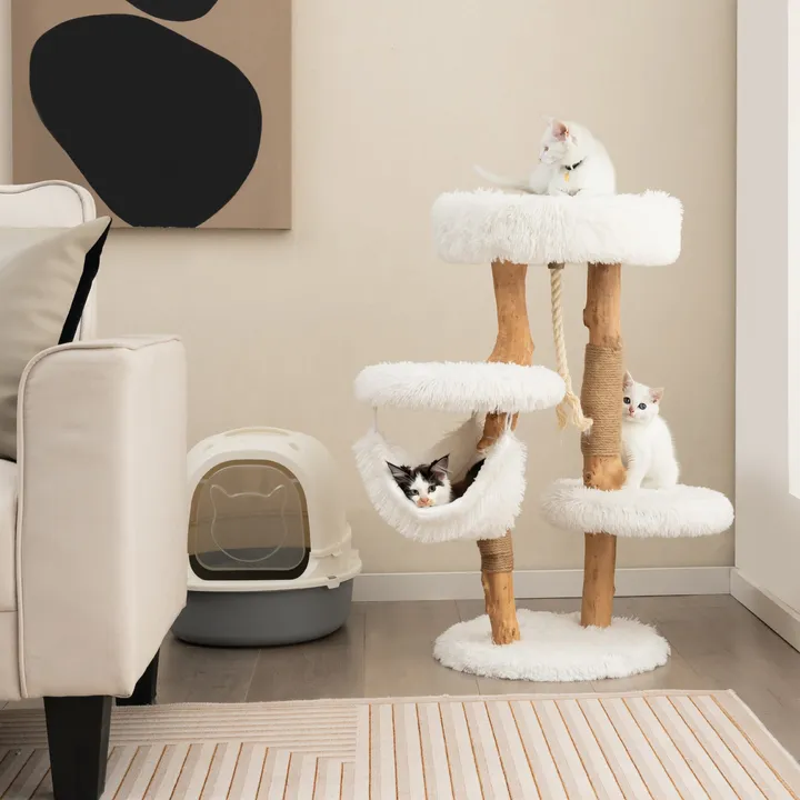 Gbruno Store Solid Wood Cat Tower With Jute Scratching Posts And Hanging Rope