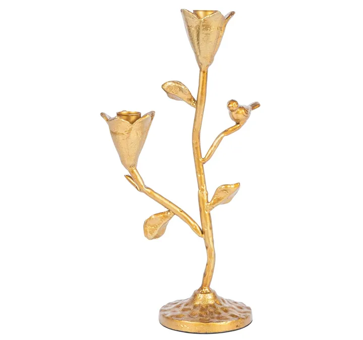Storied Home Tall Hand-Forged Cast Iron Candelabra With Flowers And Bird