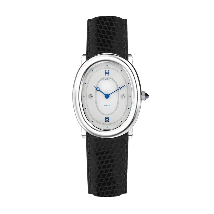 PASCAL Oval Bubble Diamond Watch - Lizard Embossed Leather Band (Onyx)