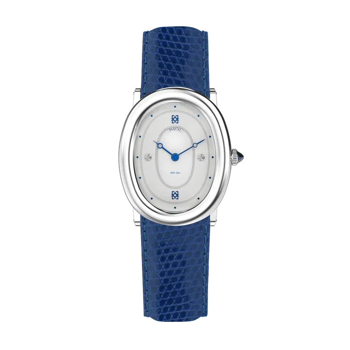 PASCAL Oval Bubble Diamond Watch - Lizard Embossed Leather Band (Indigo)