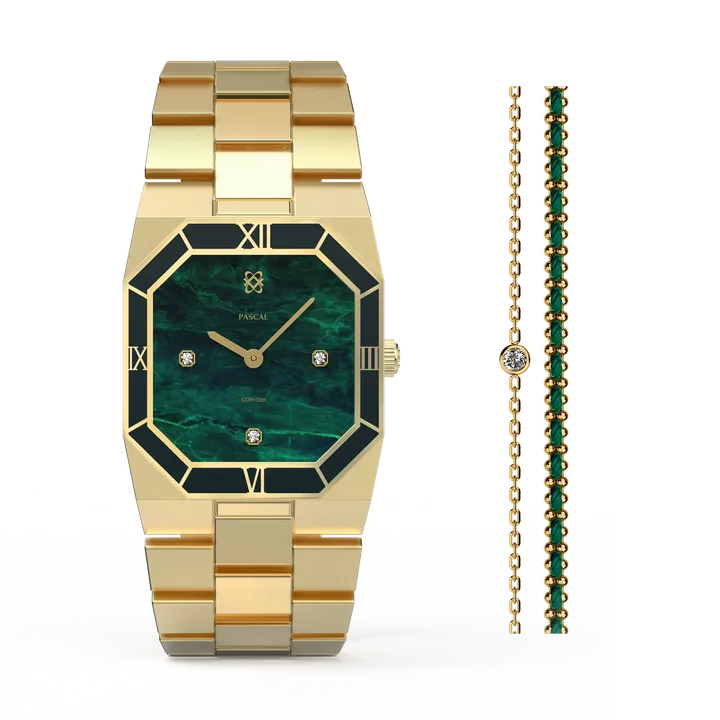PASCAL Octagonal Enamel Diamond - Watch & Double Diamond Bracelet Gift Set