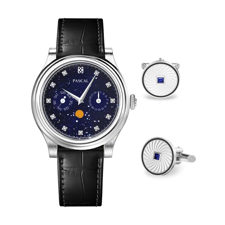 PASCAL Navigator Diamond Moonphase - Watch & Swirl Cufflinks Gift Set