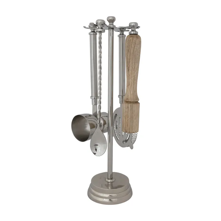 Storied Home Stylish Bar Tool Set With Mango Wood Stand