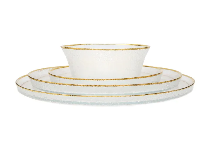 Classic Touch Pebbled Glass Dinner Plates Raised Rim With Gold Border