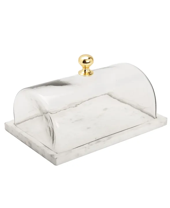 Classic Touch Rectangular Marble Cake Dome With Gold Knob
