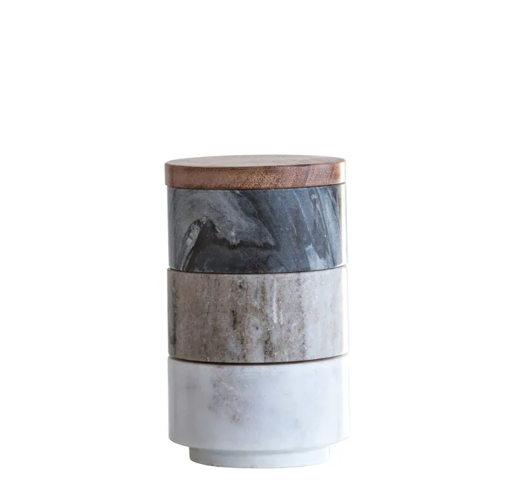 Storied Home Marble Stacking Pinch Pots With Acacia Wood Lid