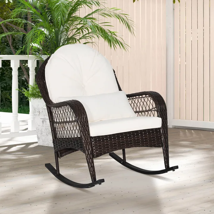 Directdeals Patio Rattan Rocking Chair with Seat Back Cushions and Waist Pillow