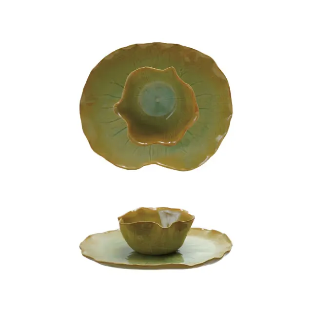 Storied Home Stoneware Water Lily Shaped Plate with Bowl