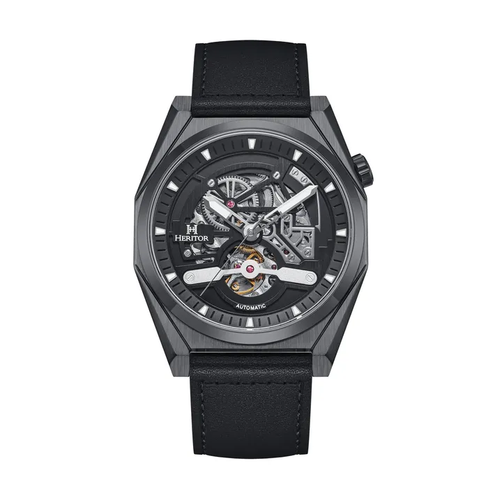 Heritor Automatic Amadeus Semi-Skeleton Leather-Band Watch