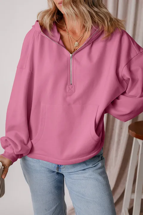 Threaded Pear Apparel Kate Fleece Lined Half Zipper Kangaroo Pockets Loose Hoodie