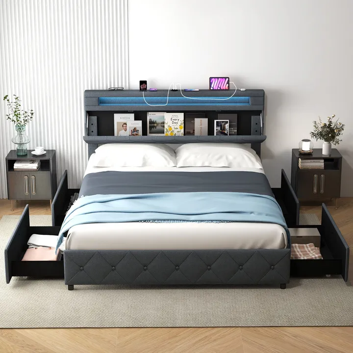 Directdeals Bed Frame With Adjustable Storage Headboard And Wooden Slat Support
