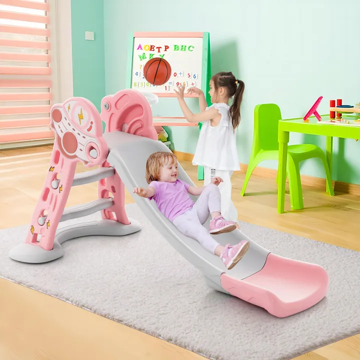 Gbruno Store 3-In-1 Folding Slide Playset With Hoop And Small Basketball