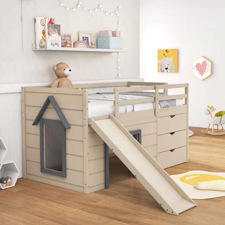Gbruno Store 3-In-1 Twin Loft Bed With Slide Ladder Drawers For Kids Teens