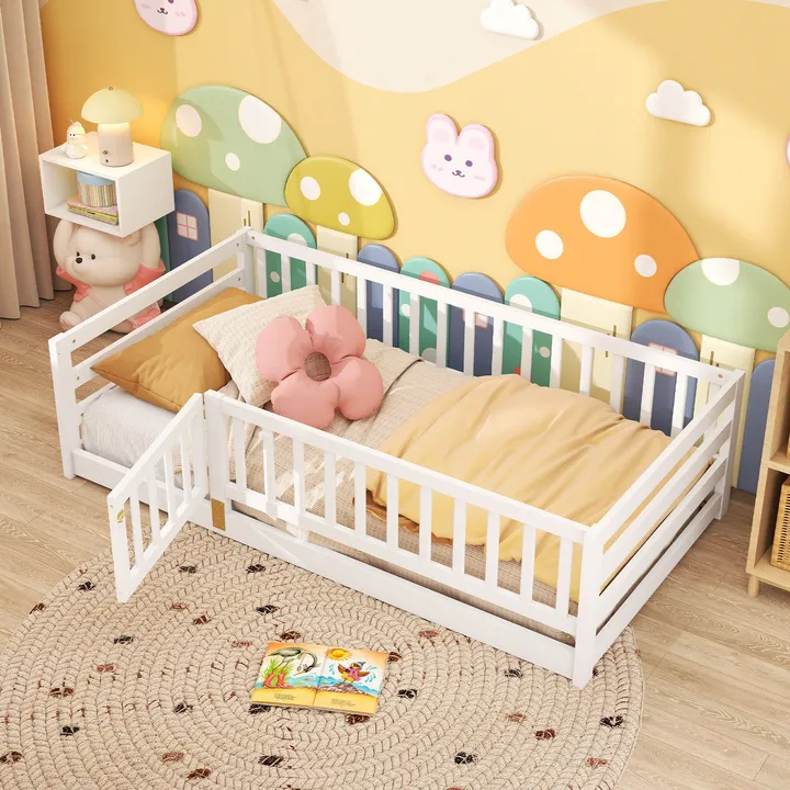 Gbruno Store Floor Bed With High Fence And Door Playhouse for Kids