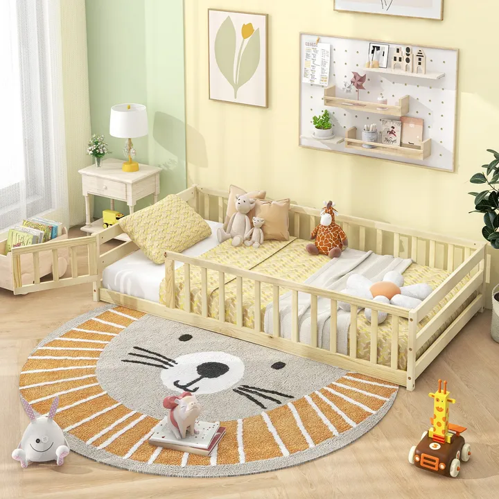 Gbruno Store Montessori Twin Size Kids Floor Bed With Safety Door & Fence