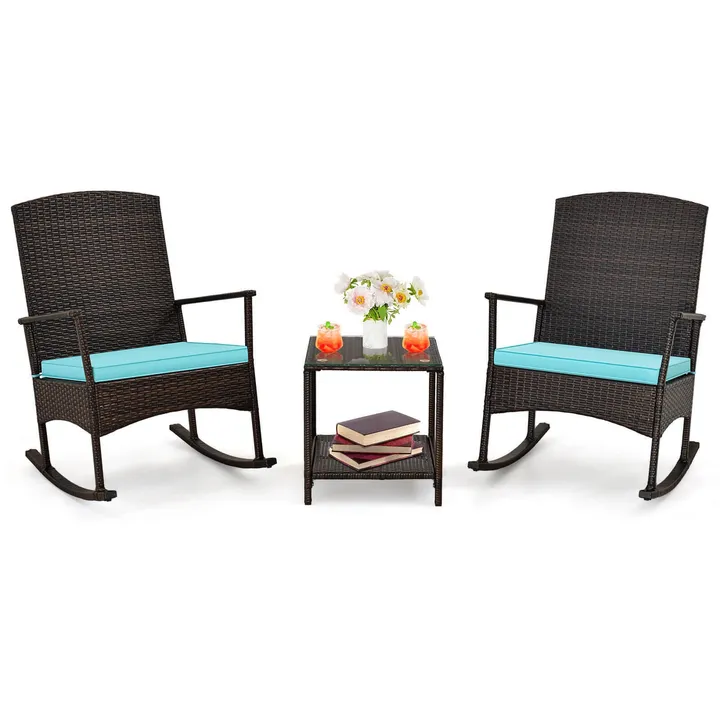 Directdeals Patio Rocking Set Wicker Rocking Chairs With 2-Tier Coffee Table