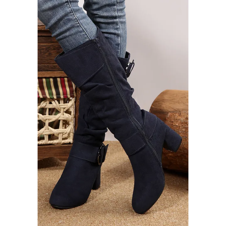 Threaded Pear Apparel Suede Double Buckled Side Zipped Mid-Calf Boots