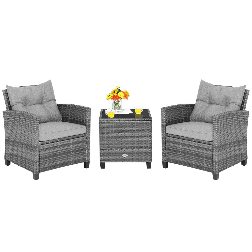 Directdeals Outdoor Wicker Conversation Set With Tempered Glass Tabletop