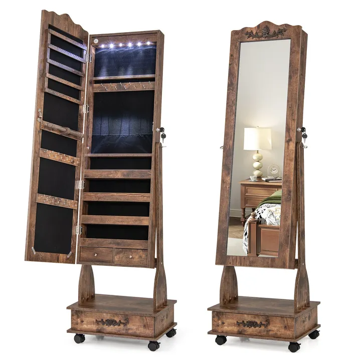 Directdeals Rolling Floor Standing Mirrored Jewelry Armoire With Lock and Drawers