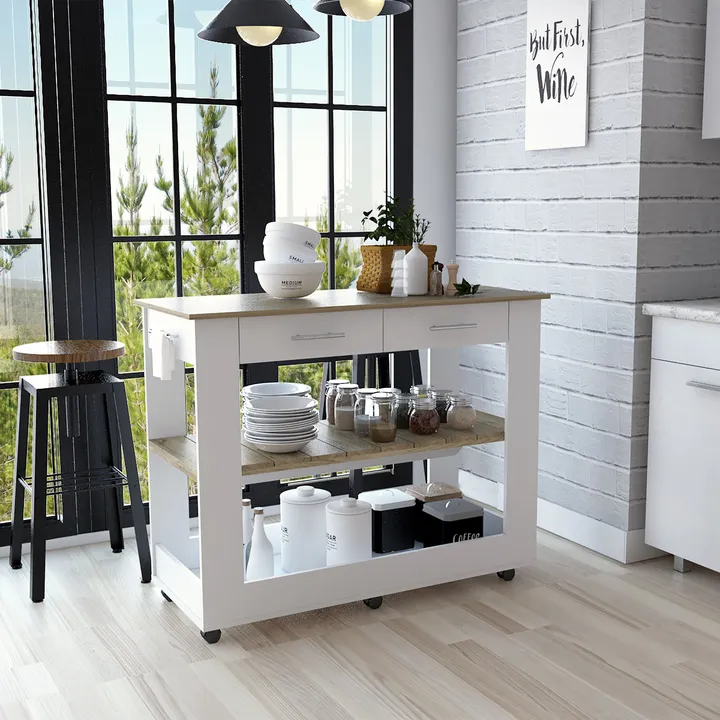 DEPOT E SHOP LLC Delos Kitchen Island White, Six Casters, Two Drawers, Lower Open Shelf