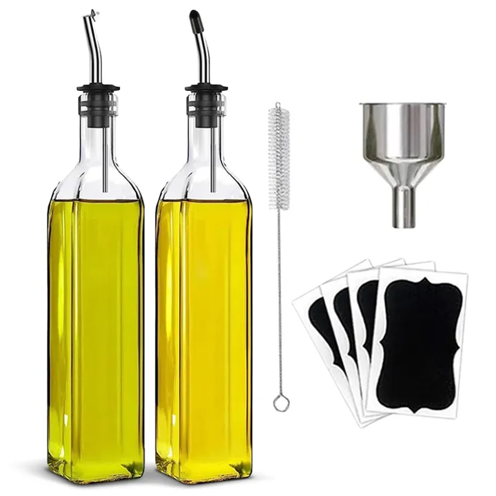 Cheer Collection Glass Olive Oil Dispenser Set 17oz With Funnel Brush Spouts And Labels