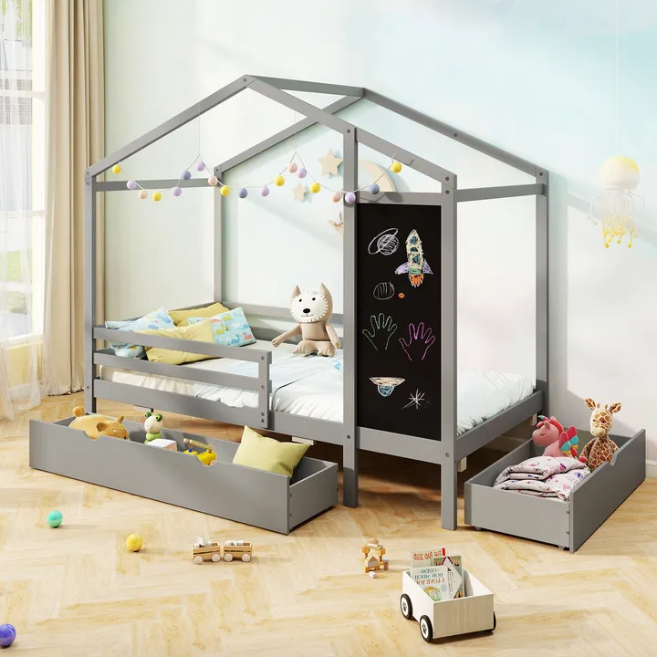 Gbruno Store Kids Twin Size Bed With 2 Drawers Solid Wood Bed With Blackboard