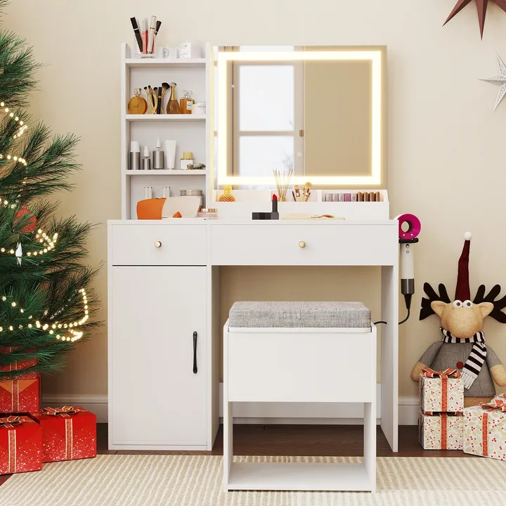 Directdeals Vanity Dressing Table & Chair Set With Mirror And Lights