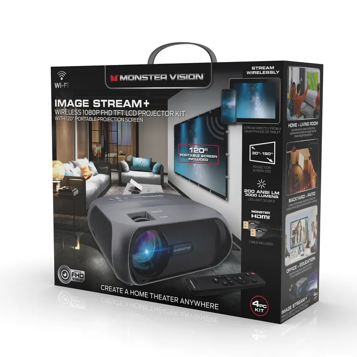 Monster Illuminessence Wireless 1080P FHD TFT LCD Image Stream Projector With Portable Screen