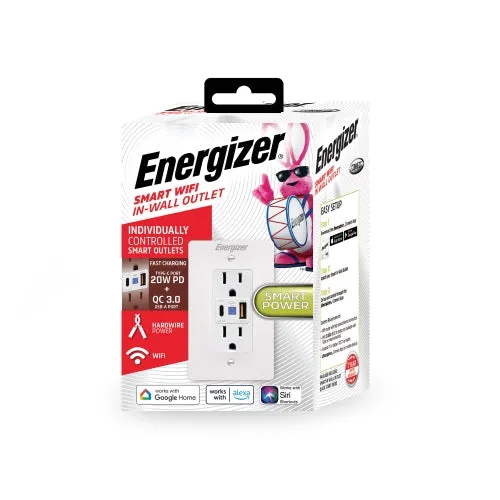 energizer connect Smart In Wall Outlet 2 AC Ports, 20W Type-C port, 18W USB-A