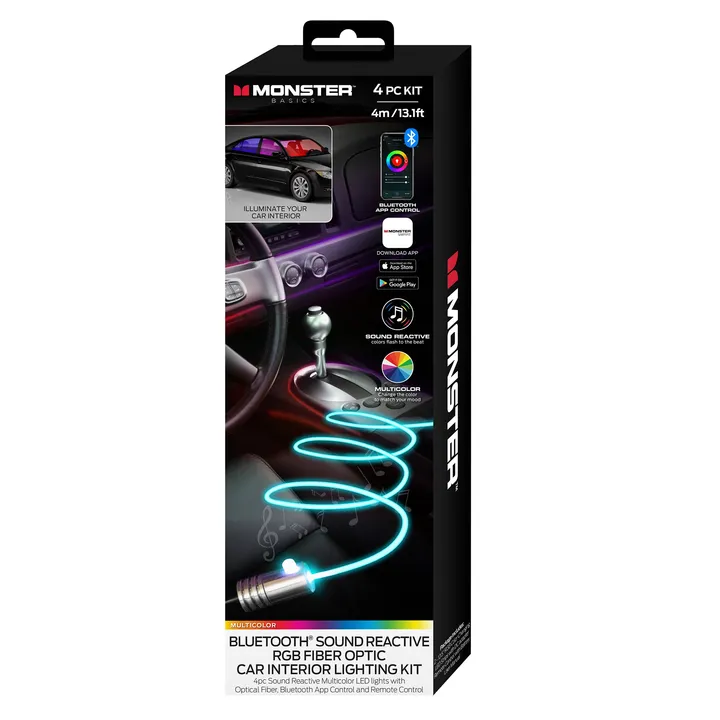 Monster Illuminessence Bluetooth Sound-Reactive RGB Fiber Optic Car Interior Lighting Kit