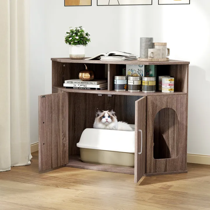 Gbruno Store Corner Cat Litter Box Enclosure With Storage Shelves & Double Doors