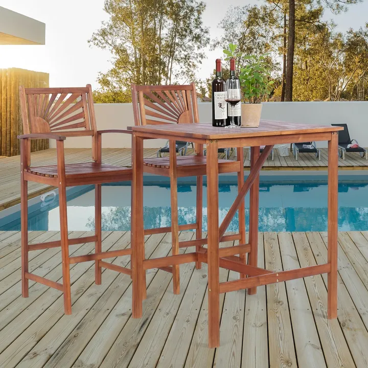 Directdeals Acacia Wood Patio Bar Set With Sunflower Patterned Backrest